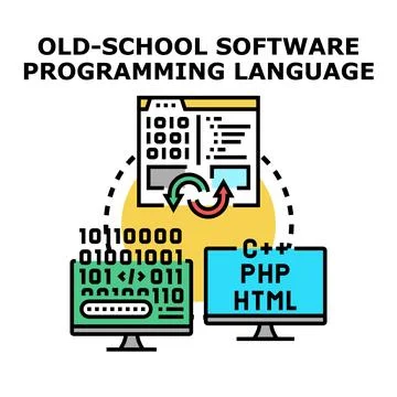Software programming language development process with coding screens Illustrazione stock