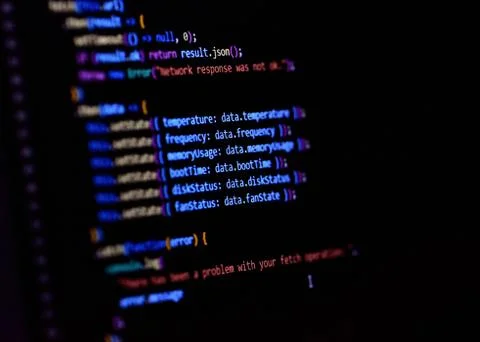 Software programming source code on computer screen.. Modern Javascript Stock Photos