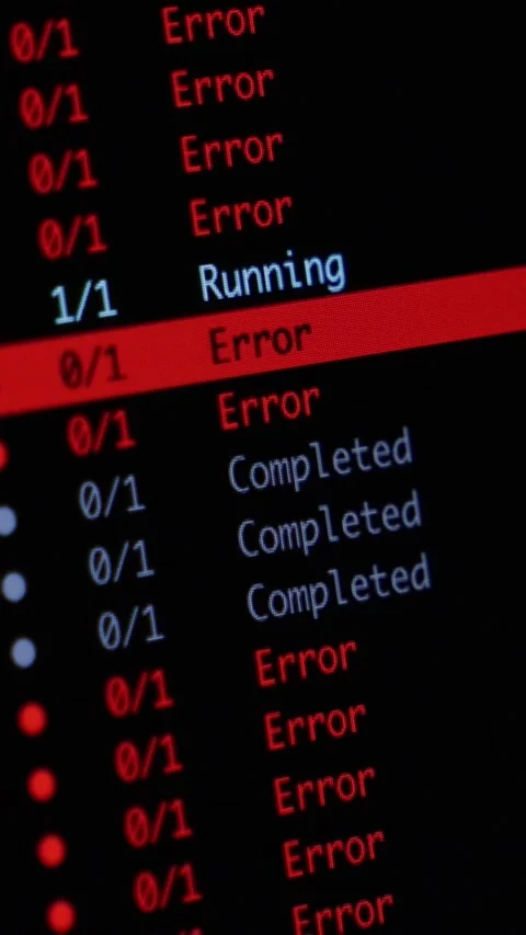 Software programming terminal displaying multiple error messages, reflecting Stock Footage 346525991