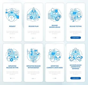 Software release management blue onboarding mobile app screen set Stock Illustration