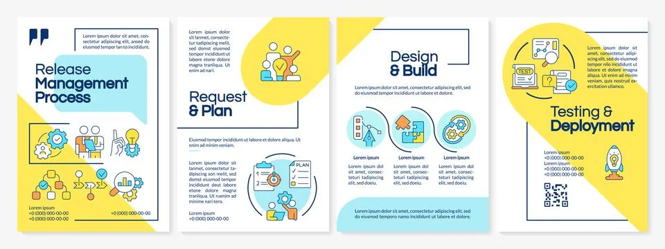 Software release management process blue and yellow brochure template Stock Illustration