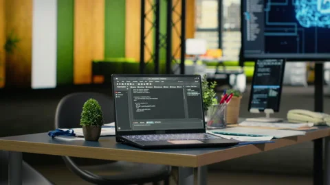 Software running on laptop in empty office to accelerate calculations Stock Footage 323237475