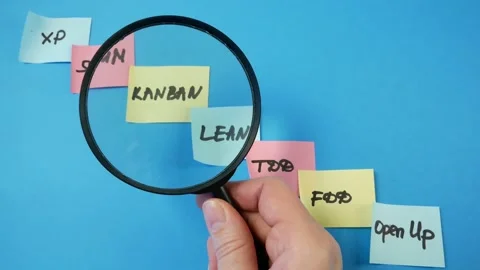 Software scrum agile board with paper tasks and magnifying glass, agile softw Stock Footage 165322543
