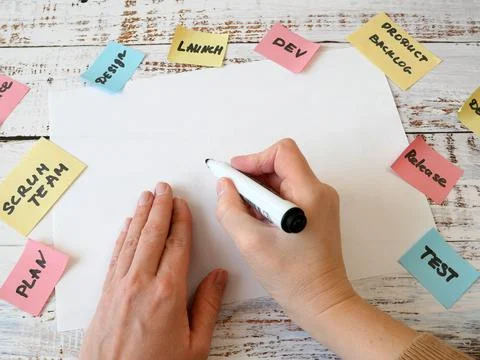 Software scrum agile paper task, agile software development methodologies con Stock Photos