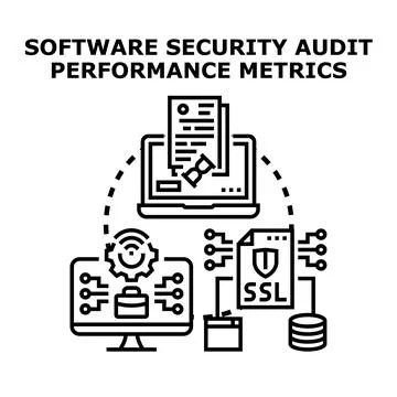Software security audit performance metrics evaluating cyber protection Stockillustratie