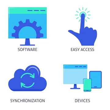 Software as a service benefits flat icon set Stock Illustration