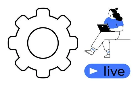 Software Setting Gear, Woman Working on Laptop, and Live Streaming Play Butto Stock Illustration