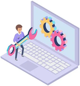 Software setup, technical support, computer service concept. Gear, engineer with Stock Illustration