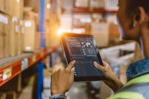 Software Smart warehouse management in tablet computer real time monitoring.. Stock Photos