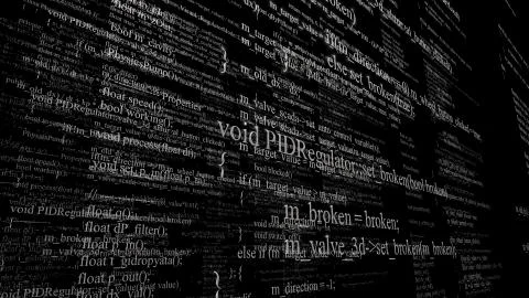 Software source code. Layers of program code on black background 库存插图