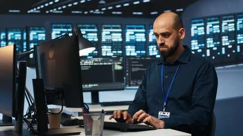 Software specialist doing maintenance on server clusters Stock Photos