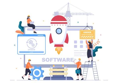 Software System Under Maintenance Vector Illustration. Error Website, Develop Illustrazione stock