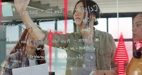 Software team pointing at code on transparent glass wall and generating red Stock Footage 316133637