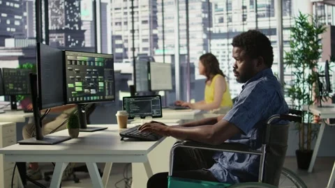 Software technician with disability in inclusive workplace working Stock Footage 318162909