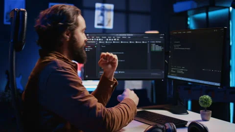 Software technician feeling relieved after removing all code bugs Stock Footage 265506422