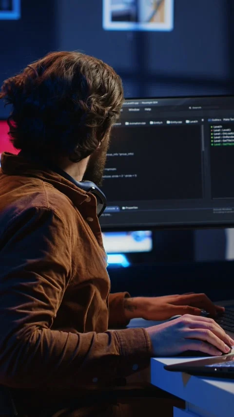 Software technician typing code in neon lit personal office Stock Footage 264512991
