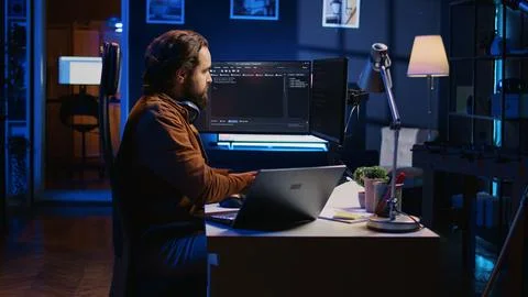 Software technician typing code in neon lit personal office Stockfoto's