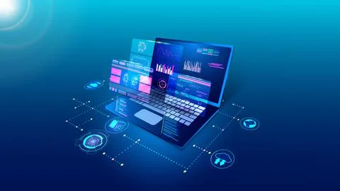 Software technology, digital program develop. Laptop api code, web application Stock Illustration