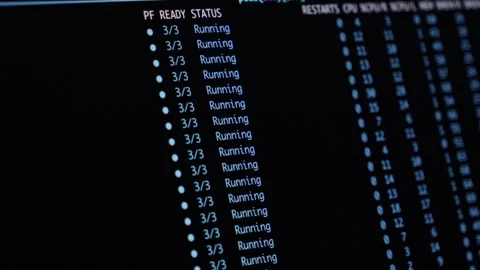 Software terminal displaying kubernetes pod status with running and Stock Footage 346525698