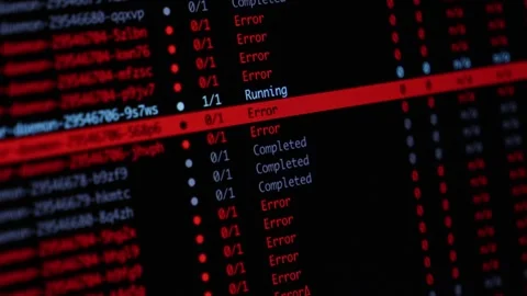 A software terminal interface displays multiple process failures and system Stock Footage 346525946