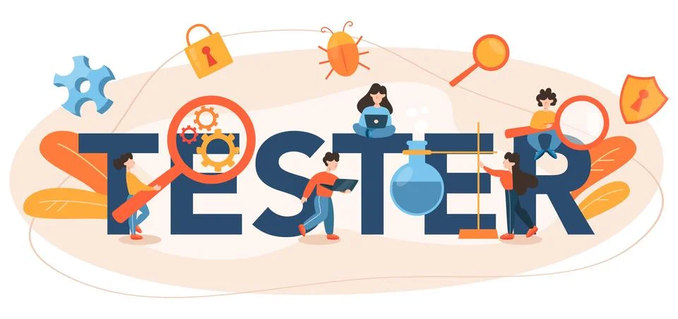 Software tester typographic header. Application or website code test process Stock Illustration