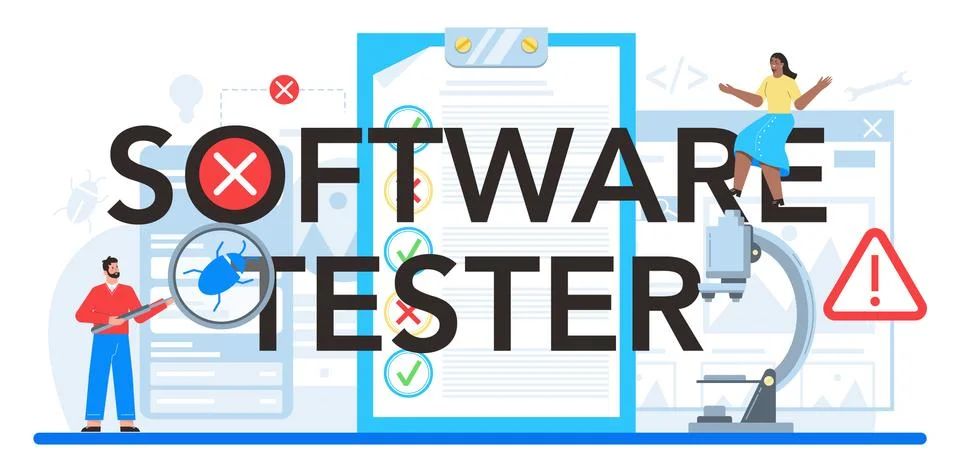 Software tester typographic header. Application or website code test Stock Illustration