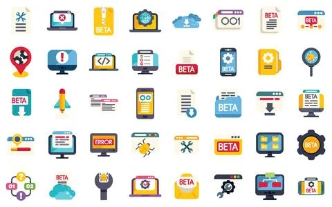 Software testing and debugging icons showing bugs and errors Illustrazione stock