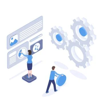 Software testing and optimization isometric illustration. Programmers creating Illustrazione stock