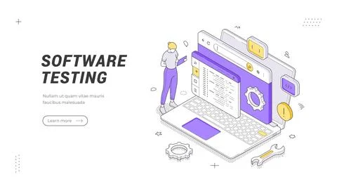 Software Testing banner template. Isometric vector illustration of a QA engin Stock Illustration