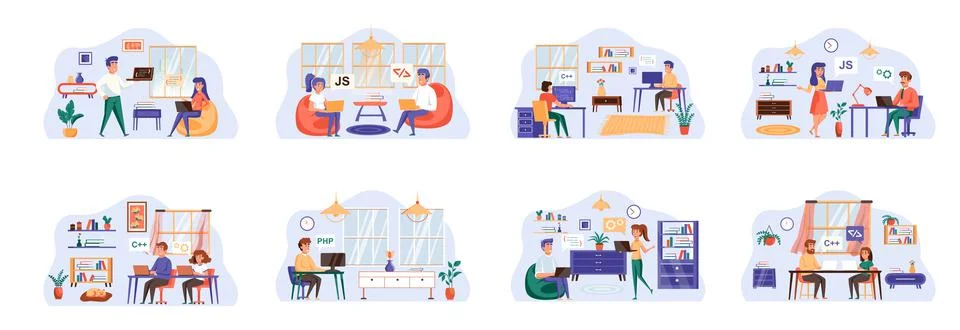 Software testing bundle of scenes with flat people characters. 스톡 일러스트