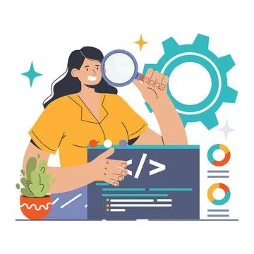 Software testing. Code testing and debugging. IT specialist searching Stock-Illustration