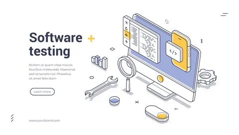 Software testing coding programming isometric web banner design template li.. 스톡 일러스트
