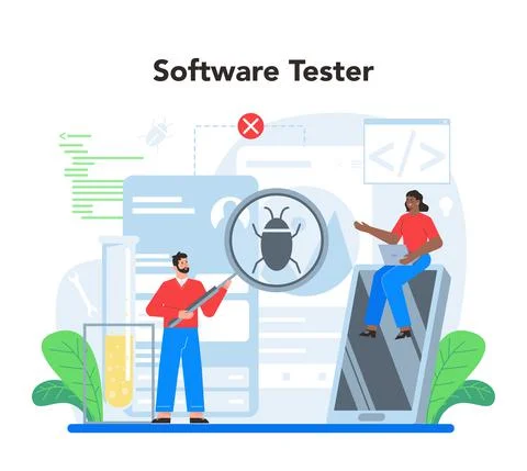 Software testing concept. Application or website code test process. Stock Illustration