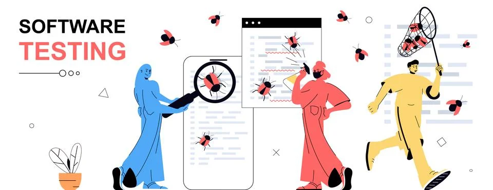Software testing concept in flat cartoon design for web banner. People look.. 스톡 일러스트