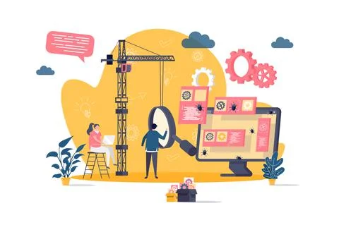 Software testing concept in flat style. Engineer debugging web application scene Stock Illustration