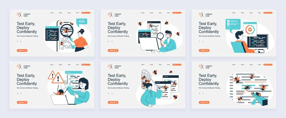 Software testing concept of landing page with slide templates set in flat d.. Illustrazione stock