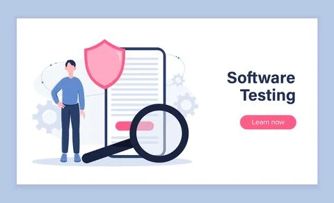 Software testing concept. Man with magnifying glass near smartphone with code Stock Illustration