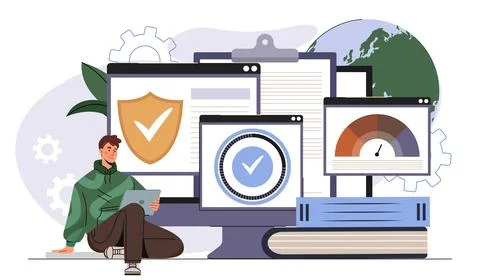 Software testing concept. Man with tablet near computer with programs Stock Illustration