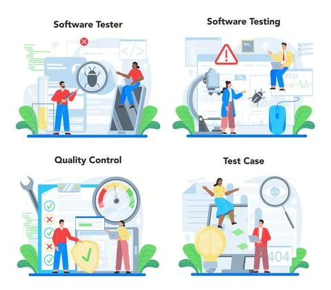 Software testing concept set. Application or website code test process. Stock-Illustration