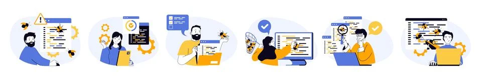 Software testing concept set in flat web design. Collection with people searc 스톡 일러스트