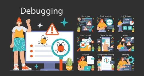 Software testing dark or night mode set. Code testing and debugging Stock Illustration