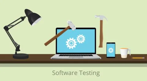 Software testing illustration with laptop and gear and hammer illustrated to Stock Illustration