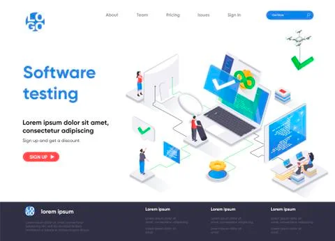 Software testing isometric landing page. Illustrazione stock
