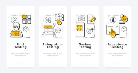 Software testing levels mobile app onboarding screens Stock Illustration