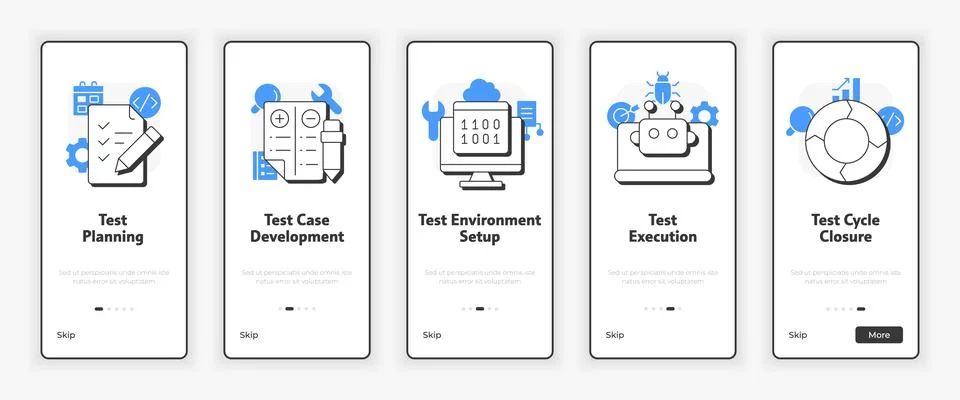 Software testing life cycle mobile onboarding screen Illustrazione stock
