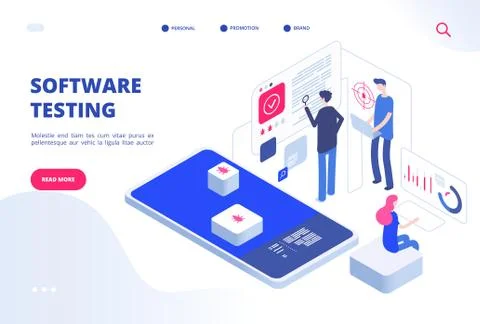 Software testing. Online computer test inspection application bug fixing Stock Illustration