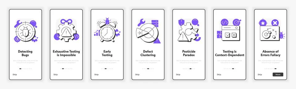 Software testing principles mobile onboarding screen 스톡 일러스트