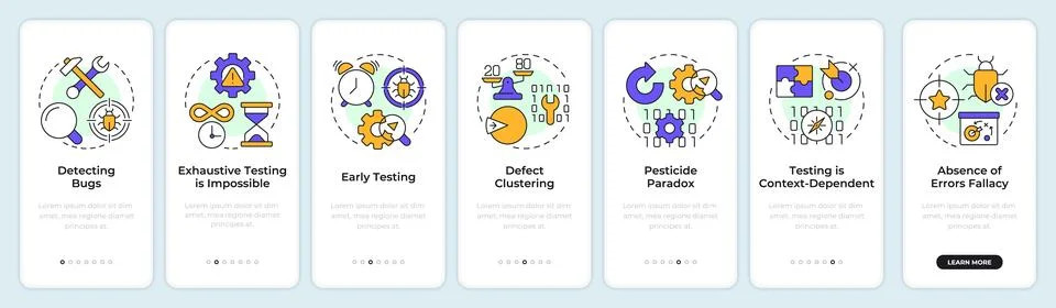 Software testing principles onboarding mobile app screen Illustrazione stock