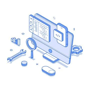 Software testing process in isometric line vector illustration Stock Illustration