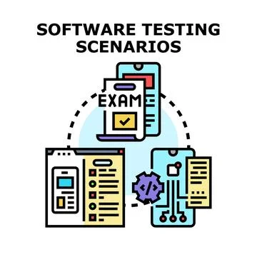 Software testing scenarios illustrating quality assurance development workflo 库存插图